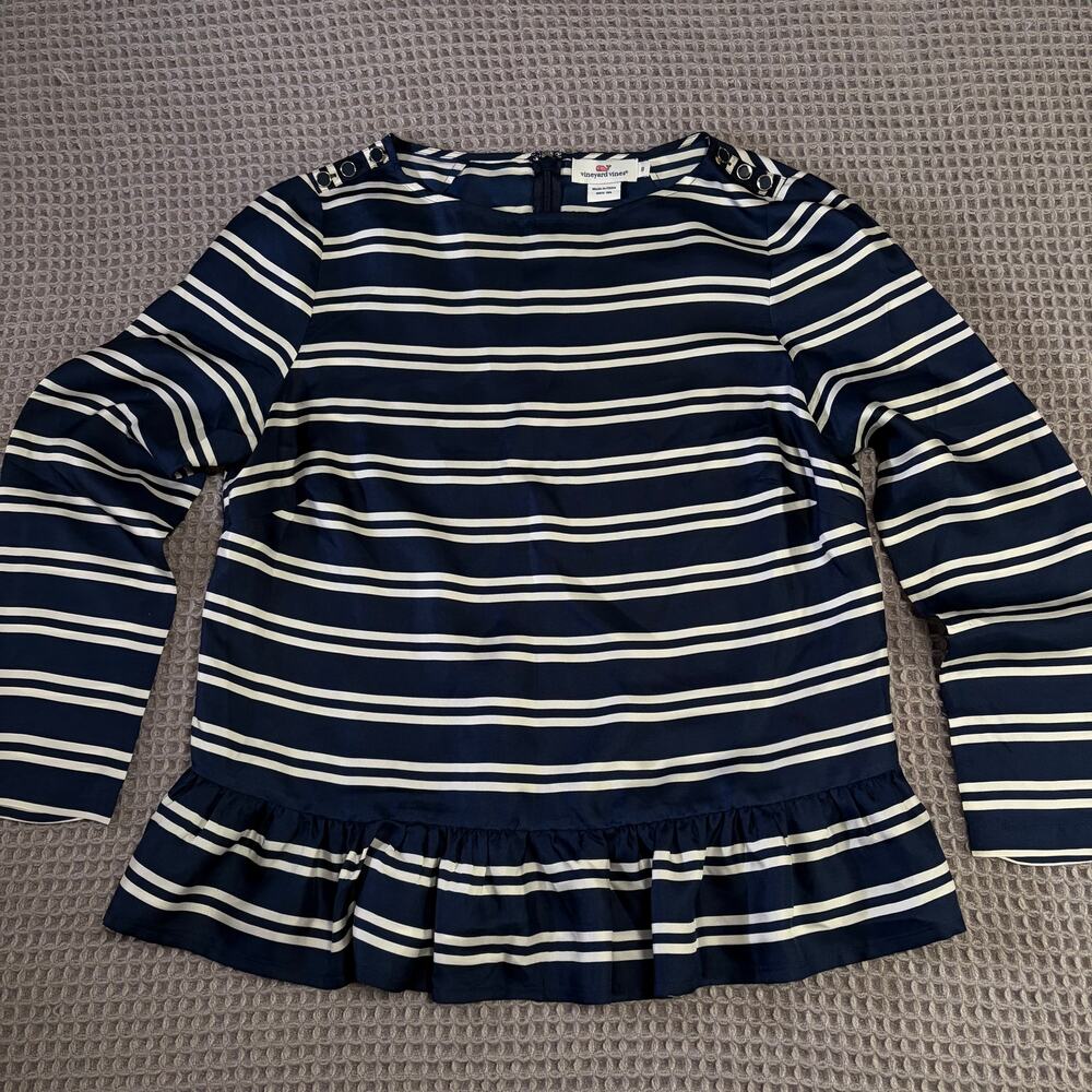 Vineyard Vines Striped Peplum Blue White Stripe Long Sleeve Silk Top Womens 8